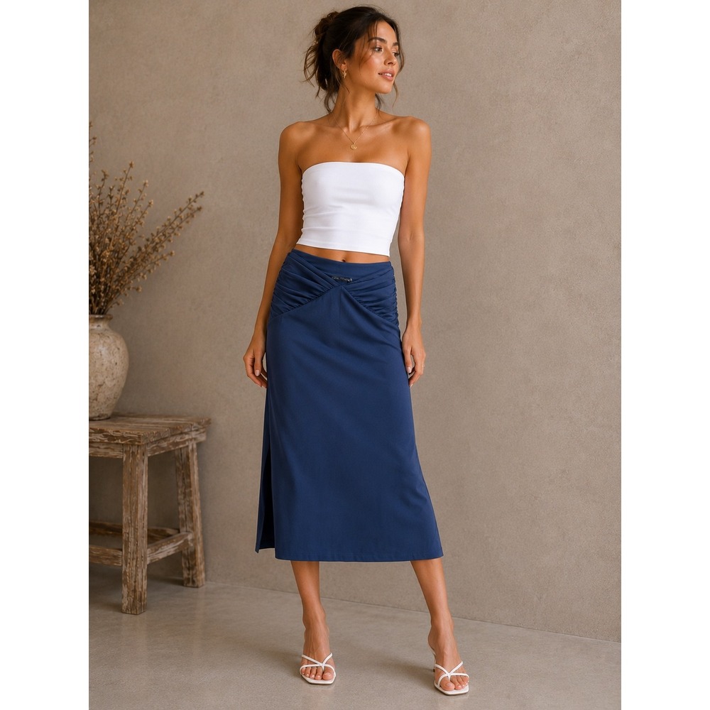 Zara Women Skirt S Blue Ruched Side Slit Midi Bodycon 5039/336